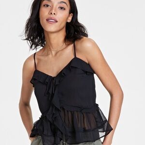 Bar III Black Sheer Ruffled Top